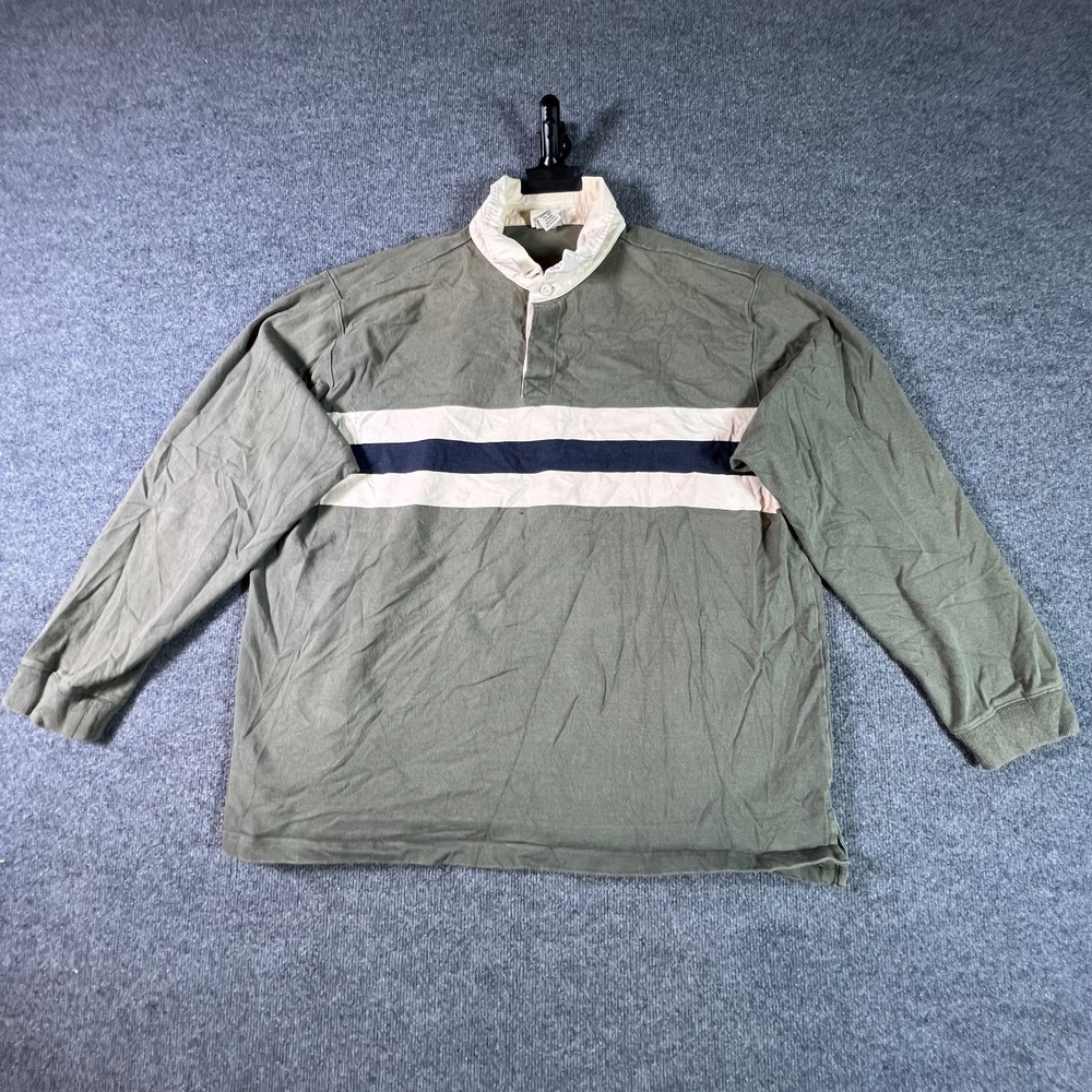 L.L. Bean Rugby Polo Shirt Mens 2XL Olive Green Striped Long Sleeve Classic Prep